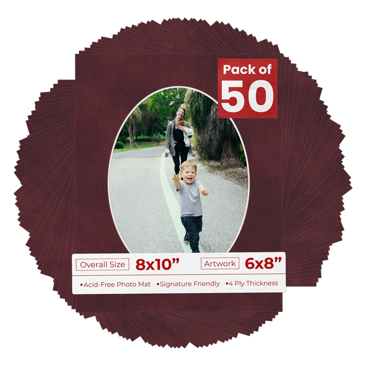Dark Red Suede Mat Board for 8x10 Frames - Oval Opening for 6x8 Photos